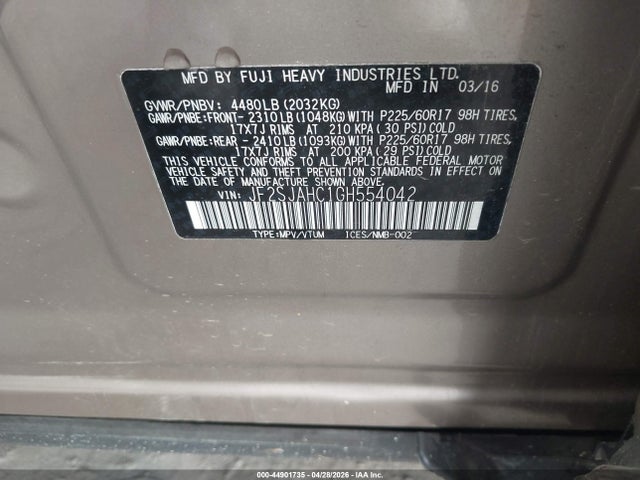 Aukcja sprzedaży 2016 Subaru Forester 2.5i Limited, vin: JF2SJAHC1GH554042, numer aukcji: 44901735