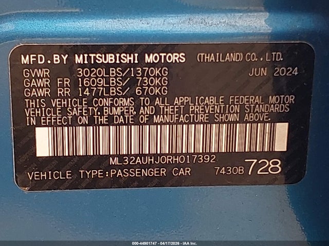 Продаж на аукціоні авто 2024 Mitsubishi Mirage Es/le, vin: ML32AUHJ0RH017392, номер лоту: 44901747