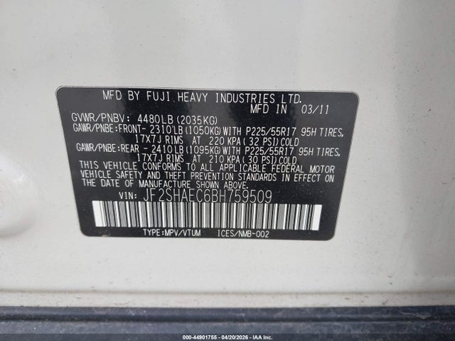 Aukcja sprzedaży 2011 Subaru Forester 2.5x Limited, vin: JF2SHAEC6BH759509, numer aukcji: 44901755