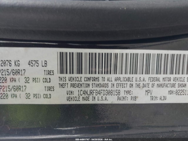 Aukcja sprzedaży 2015 Jeep Patriot High Altitude Edition, vin: 1C4NJRFB4FD308158, numer aukcji: 44901767
