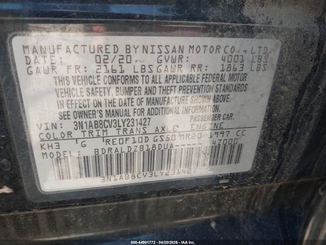 Aukcja sprzedaży 2020 Nissan Sentra Sv Xtronic Cvt, vin: 3N1AB8CV3LY231427, numer aukcji: 44901772