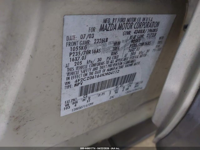 2004 Mazda Tribute Es V6 მანქანა იყიდება აუქციონზე, vin: 4F2CZ06164KM04112, აუქციონის ნომერი: 44901774