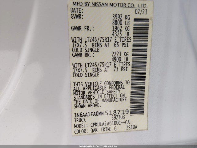 2021 Nissan Titan Xd S 4x4 მანქანა იყიდება აუქციონზე, vin: 1N6AA1FA0MN518719, აუქციონის ნომერი: 44901785