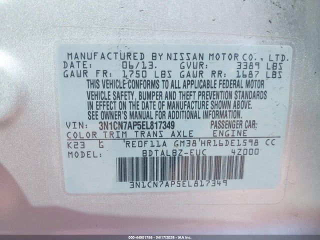 3N1CN7AP5EL817349 Nissan Versa 1.6 Sv