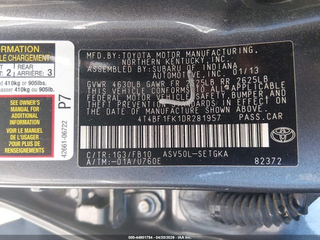 Продажа на аукционе авто 2013 Toyota Camry Xle, vin: 4T4BF1FK1DR281957, номер лота: 44901794