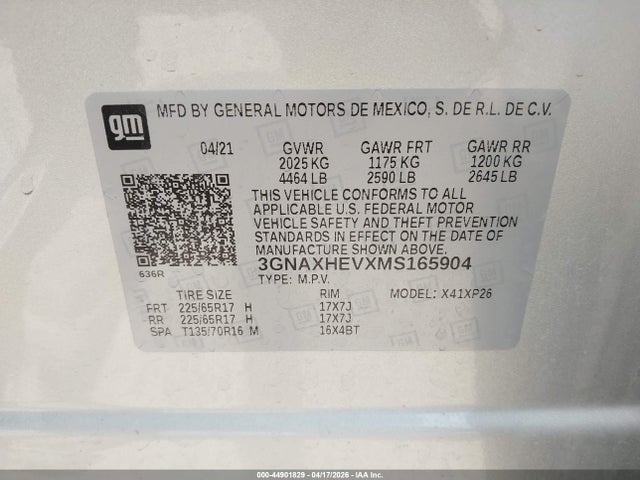 44901829 :رقم المزاد ، 3GNAXHEVXMS165904 vin ، 2021 Chevrolet Equinox Fwd Ls مزاد بيع