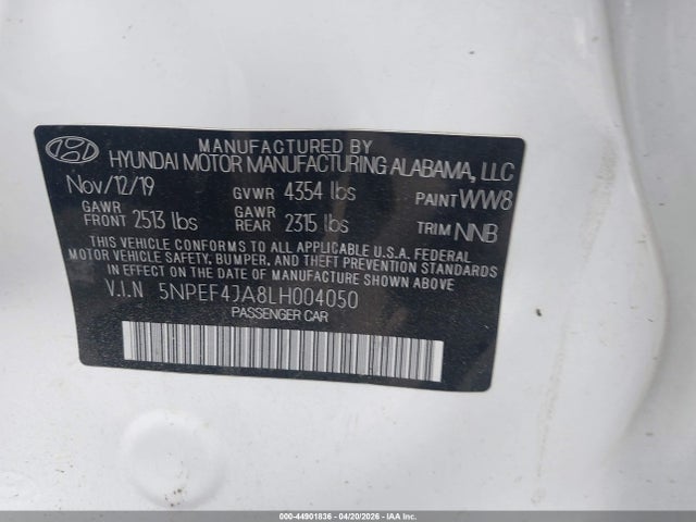 Продажа на аукционе авто 2020 Hyundai Sonata Sel, vin: 5NPEF4JA8LH004050, номер лота: 44901836