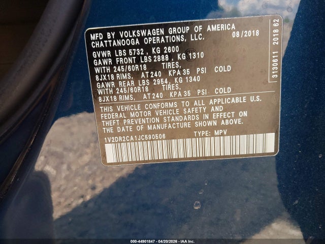 Продаж на аукціоні авто 2018 Volkswagen Atlas 3.6l V6 Se/3.6l V6 Se W/technology, vin: 1V2DR2CA1JC590506, номер лоту: 44901847