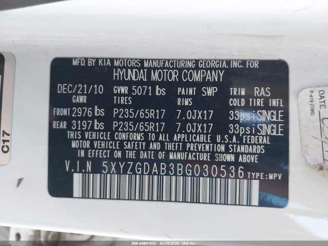 Aukcja sprzedaży 2011 Hyundai Santa Fe Gls, vin: 5XYZGDAB3BG030536, numer aukcji: 44901852