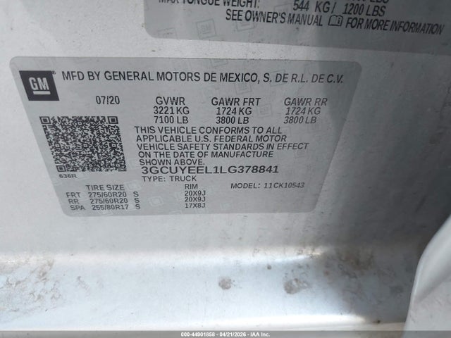 Auction sale of the 2020 Chevrolet Silverado 1500 4wd  Short Bed Rst, vin: 3GCUYEEL1LG378841, lot number: 44901858