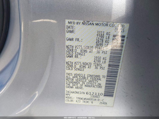 2015 Nissan Armada Platinum მანქანა იყიდება აუქციონზე, vin: 5N1AA0NE1FN612110, აუქციონის ნომერი: 44901872