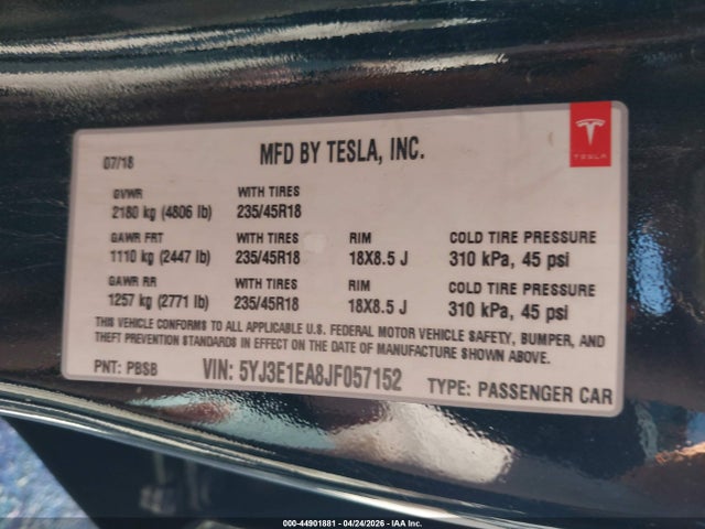 Aukcja sprzedaży 2018 Tesla Model 3 Long Range/mid Range, vin: 5YJ3E1EA8JF057152, numer aukcji: 44901881