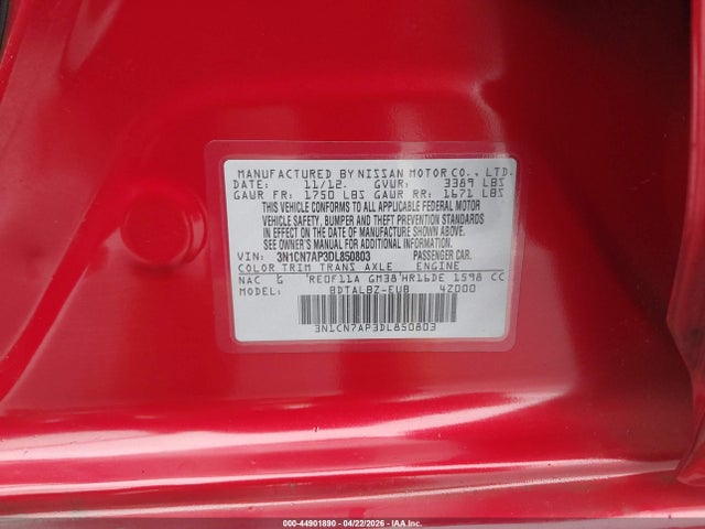 Aukcja sprzedaży 2013 Nissan Versa 1.6 Sv, vin: 3N1CN7AP3DL850803, numer aukcji: 44901890