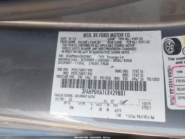 44901900 :رقم المزاد ، 3FAHP0HA1CR429881 vin ، 2012 Ford Fusion Se مزاد بيع