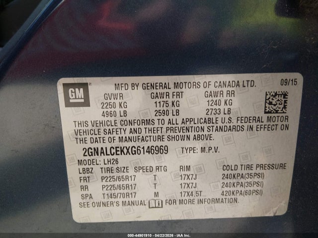 Aukcja sprzedaży 2016 Chevrolet Equinox Lt, vin: 2GNALCEKXG6146969, numer aukcji: 44901910