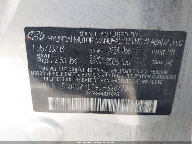44901916 :رقم المزاد ، 5NPD84LF9JH328720 vin ، 2018 Hyundai Elantra Sel مزاد بيع