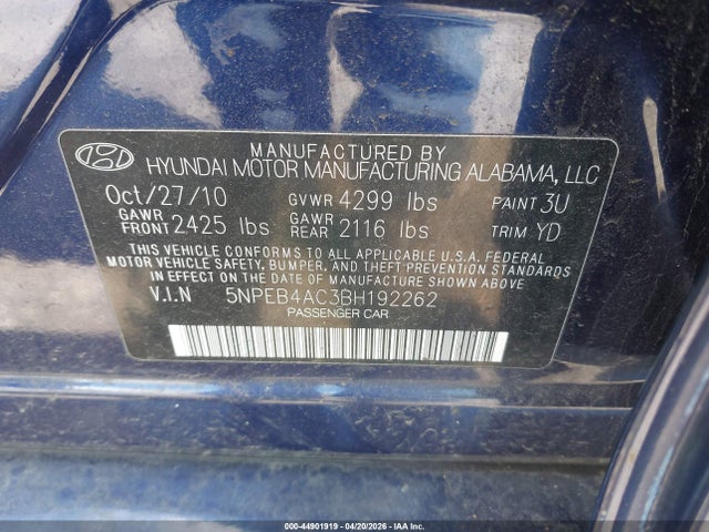 Продаж на аукціоні авто 2011 Hyundai Sonata Gls, vin: 5NPEB4AC3BH192262, номер лоту: 44901919