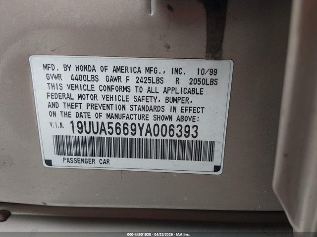 44901920 :رقم المزاد ، 19UUA5669YA006393 vin ، 2000 Acura Tl 3.2 مزاد بيع