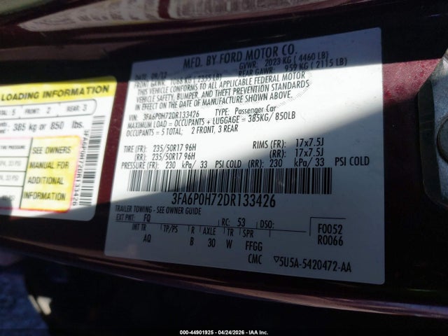 44901925 :رقم المزاد ، 3FA6P0H72DR133426 vin ، 2013 Ford Fusion Se مزاد بيع