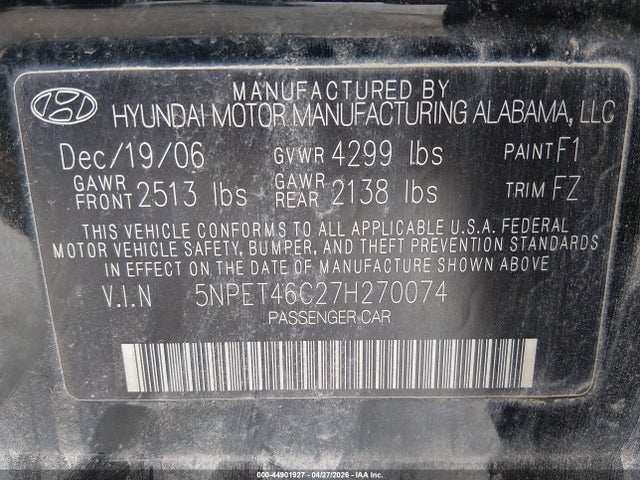 44901927 :رقم المزاد ، 5NPET46C27H270074 vin ، 2007 Hyundai Sonata Gls مزاد بيع