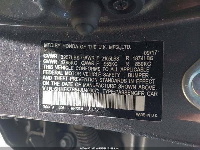 Продажа на аукционе авто 2018 Honda Civic Ex, vin: SHHFK7H54JU403073, номер лота: 44901928