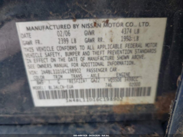 Продаж на аукціоні авто 2006 Nissan Altima 3.5 Se, vin: 1N4BL11D16C198902, номер лоту: 44901929