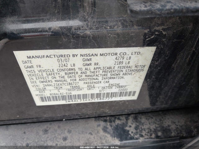 Продажа на аукционе авто 2007 Nissan Altima 2.5 S, vin: 1N4AL21EX7C186727, номер лота: 44901931