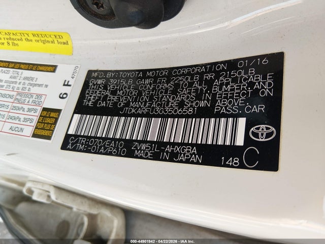 Продаж на аукціоні авто 2016 Toyota Prius Four, vin: JTDKARFU3G3506581, номер лоту: 44901942