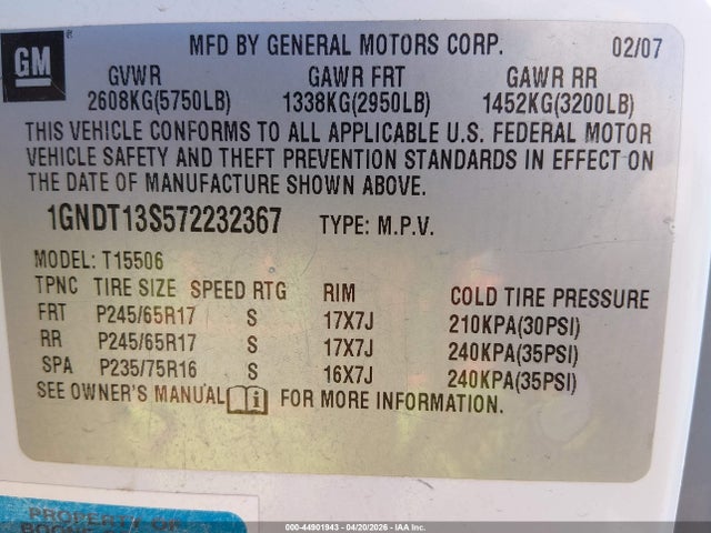 44901943 :رقم المزاد ، 1GNDT13S572232367 vin ، 2007 Chevrolet Trailblazer Ls مزاد بيع