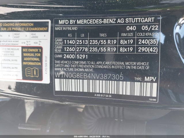 Продажа на аукционе авто 2022 Mercedes-benz Glc 300 4matic Suv, vin: W1N0G8EB4NV387305, номер лота: 44901994
