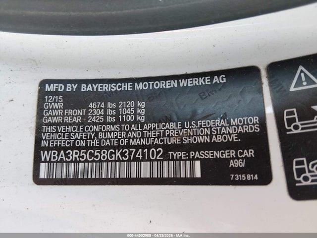 44902009 :رقم المزاد ، WBA3R5C58GK374102 vin ، 2016 Bmw 435i Xdrive مزاد بيع