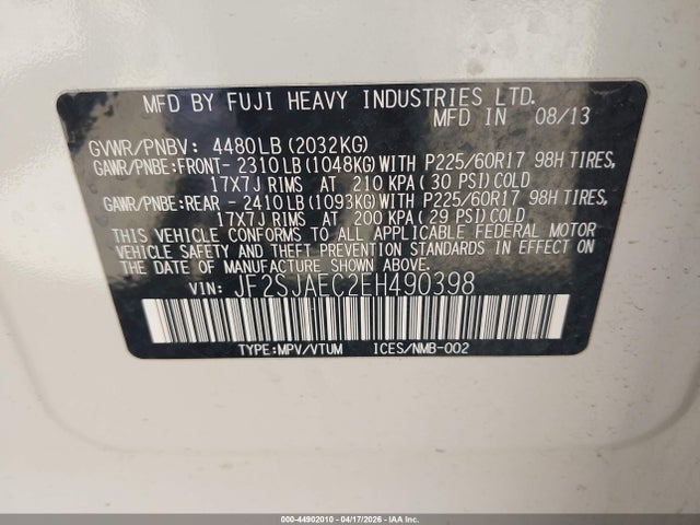 Aukcja sprzedaży 2014 Subaru Forester 2.5i Premium, vin: JF2SJAEC2EH490398, numer aukcji: 44902010