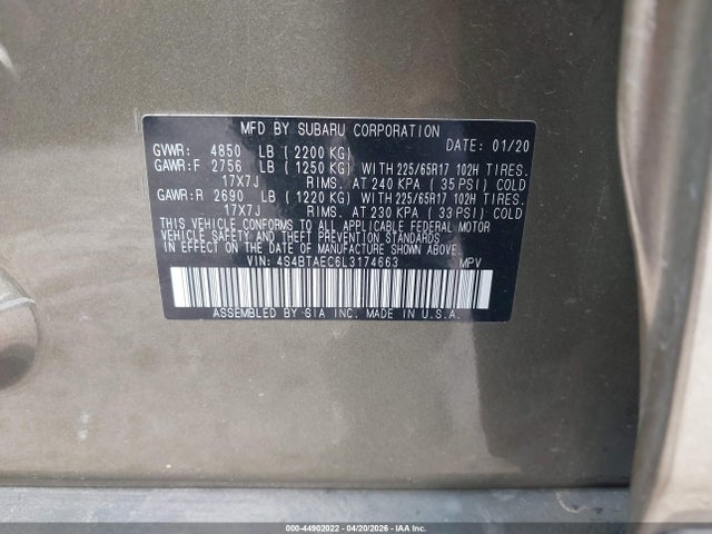 2020 Subaru Outback Premium მანქანა იყიდება აუქციონზე, vin: 4S4BTAEC6L3174663, აუქციონის ნომერი: 44902022