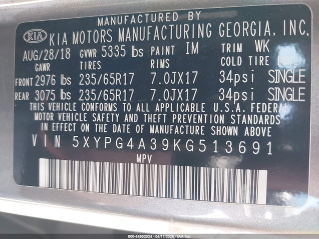 5XYPG4A39KG513691 KIA Sorento 2.4l Lx
