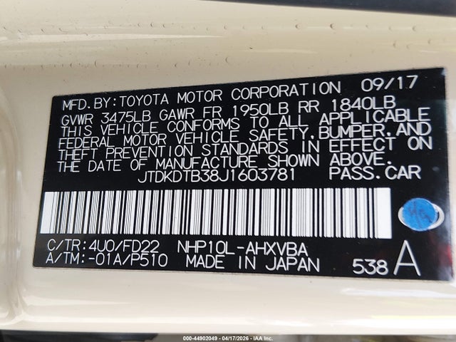 JTDKDTB38J1603781 Toyota Prius C One