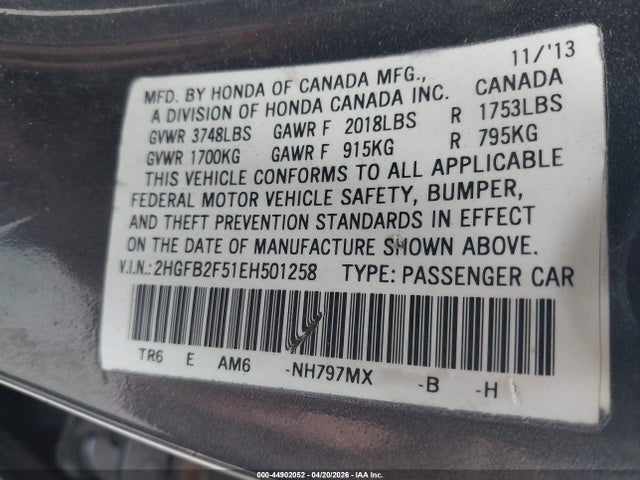 2014 Honda Civic Lx მანქანა იყიდება აუქციონზე, vin: 2HGFB2F51EH501258, აუქციონის ნომერი: 44902052
