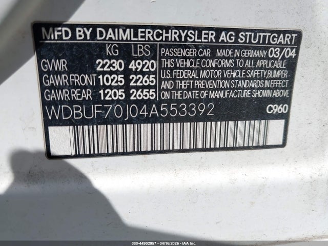 44902057 :رقم المزاد ، WDBUF70J04A553392 vin ، 2004 Mercedes-benz E 500 مزاد بيع