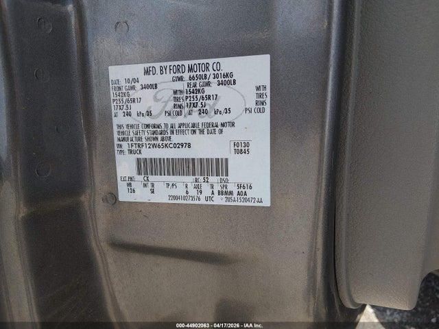 Auction sale of the 2005 Ford F-150 Stx/xl/xlt, vin: 1FTRF12W65KC02978, lot number: 44902063