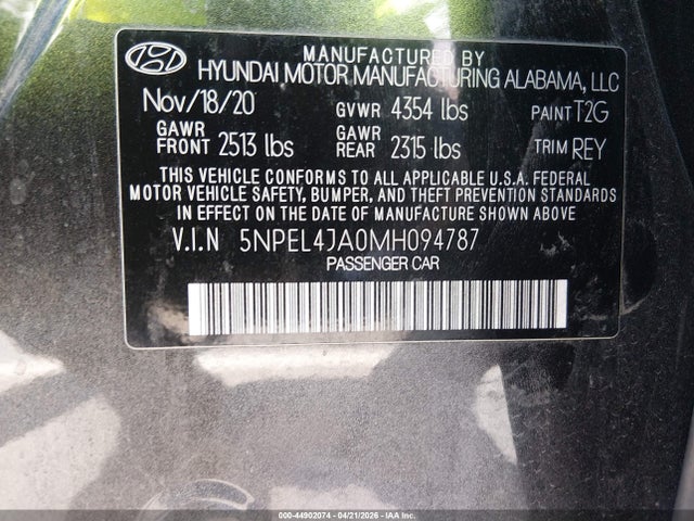44902074 :رقم المزاد ، 5NPEL4JA0MH094787 vin ، 2021 Hyundai Sonata Sel مزاد بيع