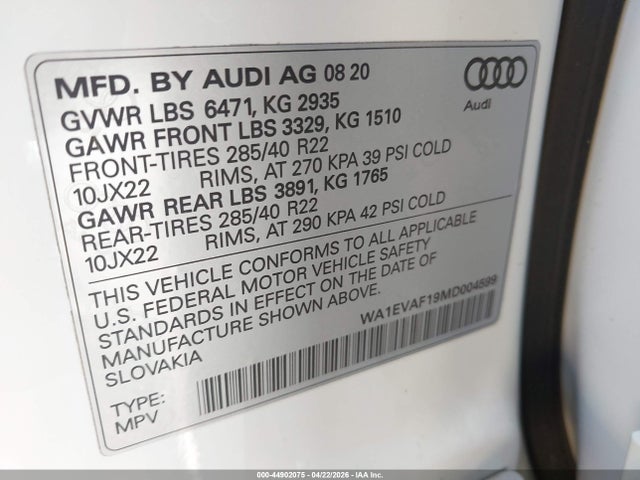 Aukcja sprzedaży 2021 Audi Q8 Premium Plus 55 Tfsi Quattro Tiptronic, vin: WA1EVAF19MD004599, numer aukcji: 44902075