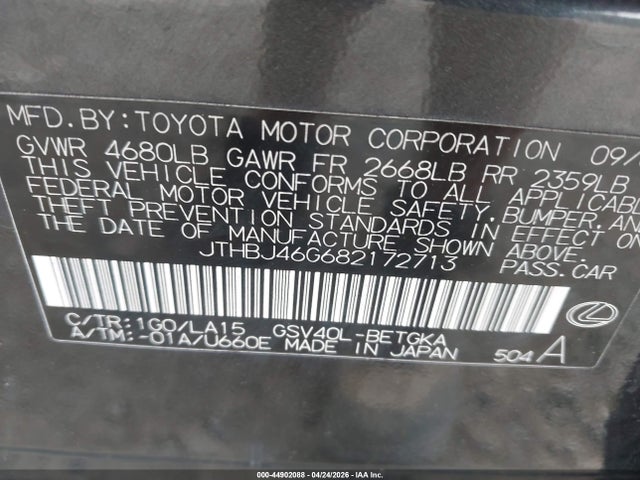 44902088 :رقم المزاد ، JTHBJ46G682172713 vin ، 2008 Lexus Es 350 مزاد بيع