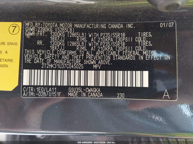 2007 Lexus Rx 350 მანქანა იყიდება აუქციონზე, vin: 2T2HK31U37C045025, აუქციონის ნომერი: 44902089