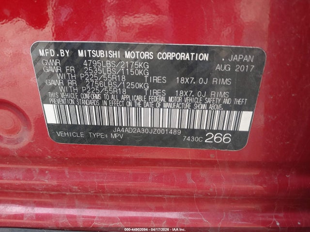 Aukcja sprzedaży 2018 Mitsubishi Outlander Es, vin: JA4AD2A30JZ001489, numer aukcji: 44902094