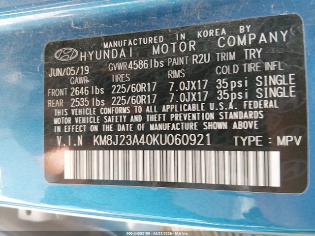 Продажа на аукционе авто 2019 Hyundai Tucson Se, vin: KM8J23A40KU060921, номер лота: 44902108
