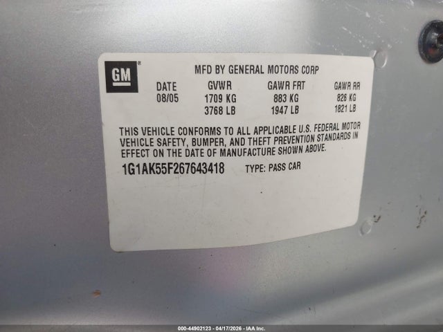 Aukcja sprzedaży 2006 Chevrolet Cobalt Ls, vin: 1G1AK55F267643418, numer aukcji: 44902123