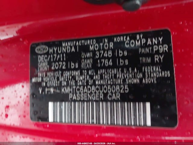 Aukcja sprzedaży 2012 Hyundai Veloster Base W/gray, vin: KMHTC6AD8CU050825, numer aukcji: 44902149