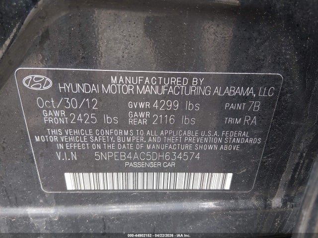 2013 Hyundai Sonata Gls მანქანა იყიდება აუქციონზე, vin: 5NPEB4AC5DH634574, აუქციონის ნომერი: 44902152