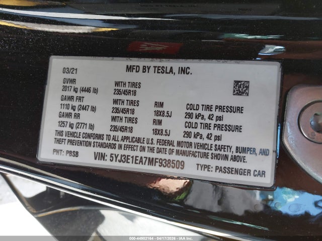 Aukcja sprzedaży 2021 Tesla Model 3 Standard Range Plus Rear-wheel Drive, vin: 5YJ3E1EA7MF938509, numer aukcji: 44902164