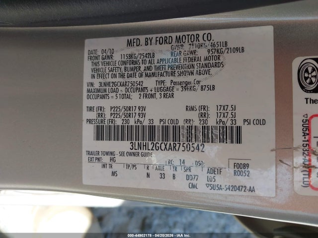 Продажа на аукционе авто 2010 Lincoln Mkz, vin: 3LNHL2GCXAR750542, номер лота: 44902178
