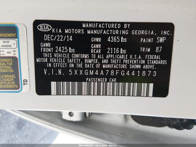 2015 Kia Optima Lx მანქანა იყიდება აუქციონზე, vin: 5XXGM4A78FG441873, აუქციონის ნომერი: 44902207